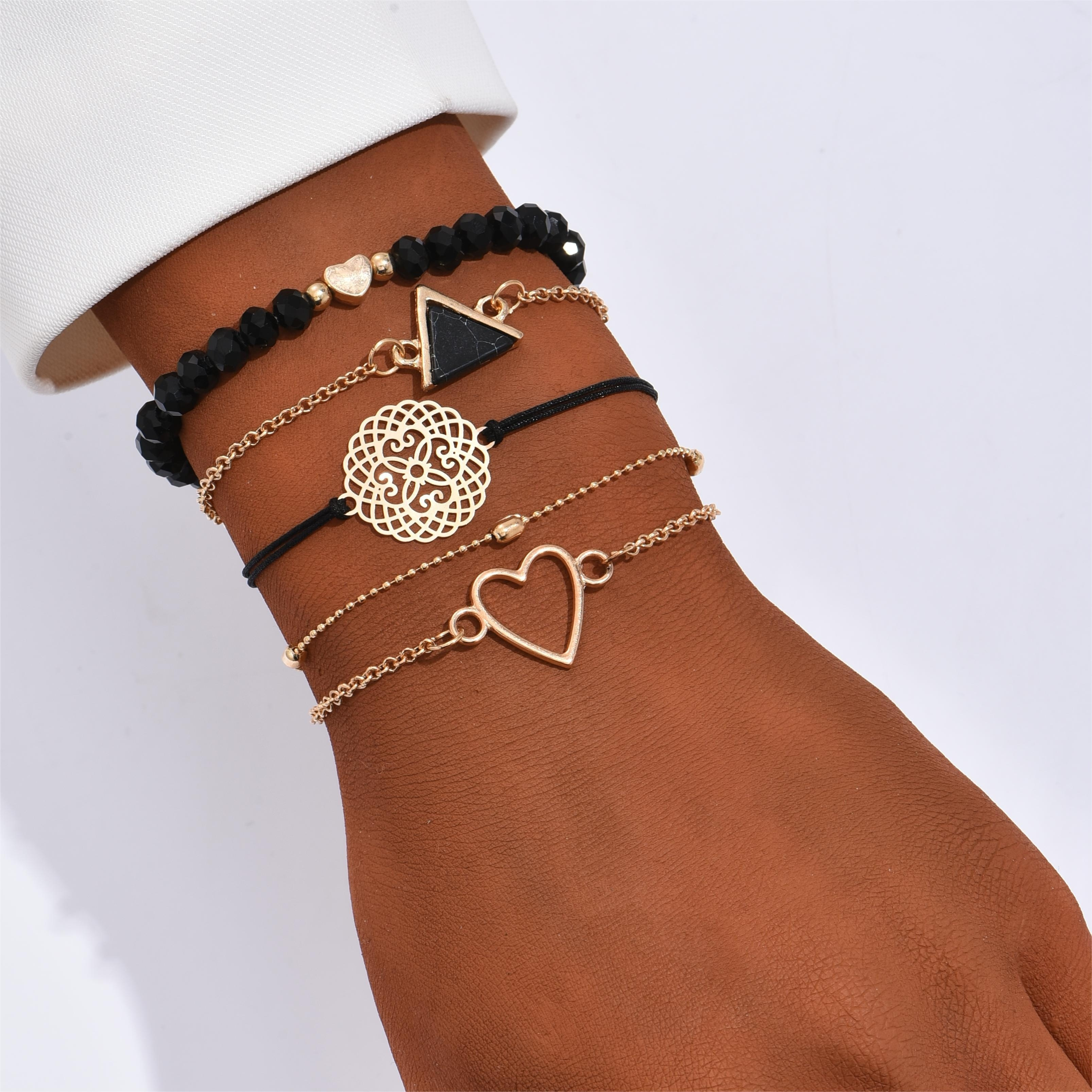 TEMU 5er-Set Vintage Bohemian Style Hohles Herz Exquisites Blumenmuster Schmuckarmband Set Muttertag Valentinstag Geschenk
