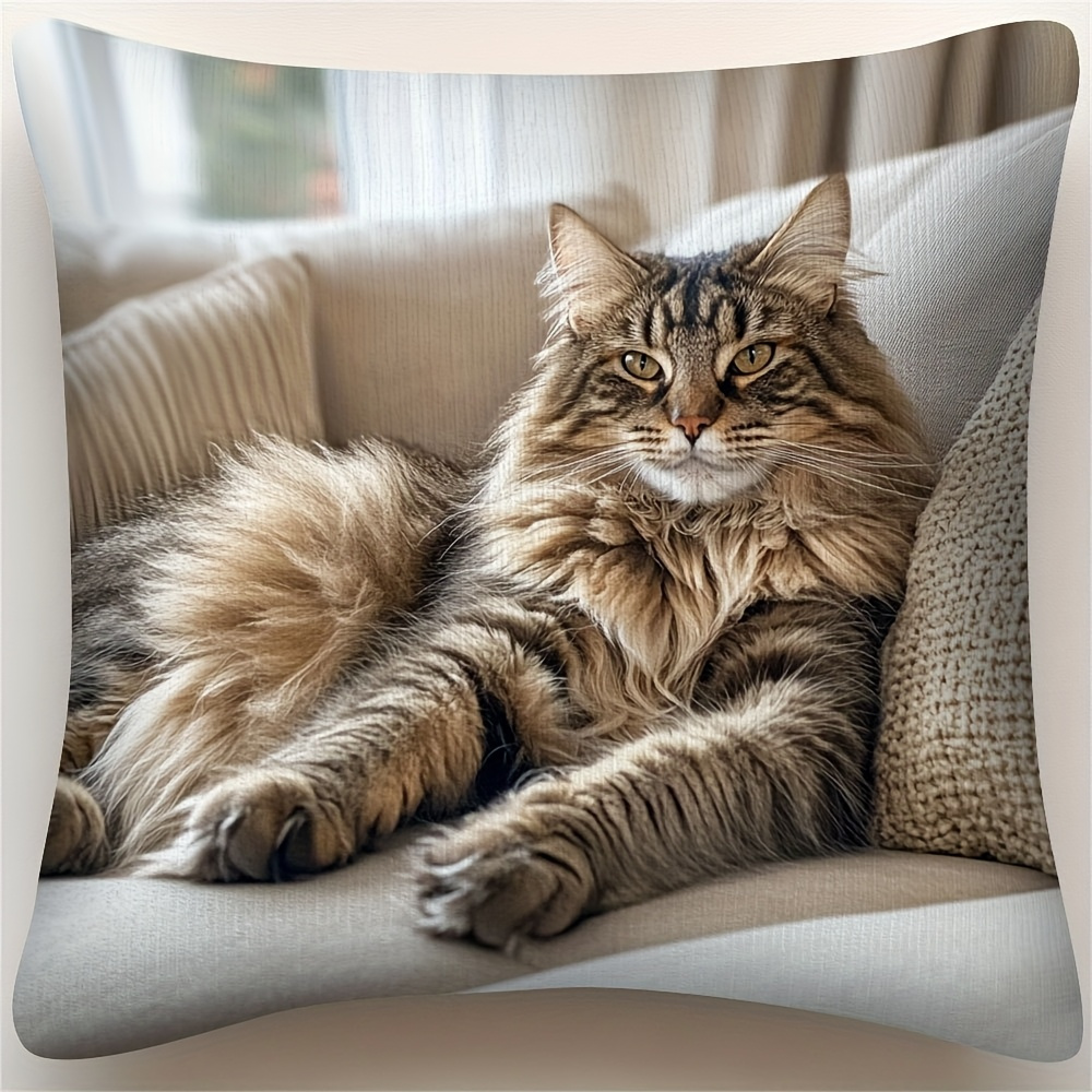 TEMU 1pc Vintage Maine Coon Cat Throw Pillow Cover - Soft, Comfortable Polyester Short Plush Fabric, Single-sided Print, Hidden Zipper, Machine