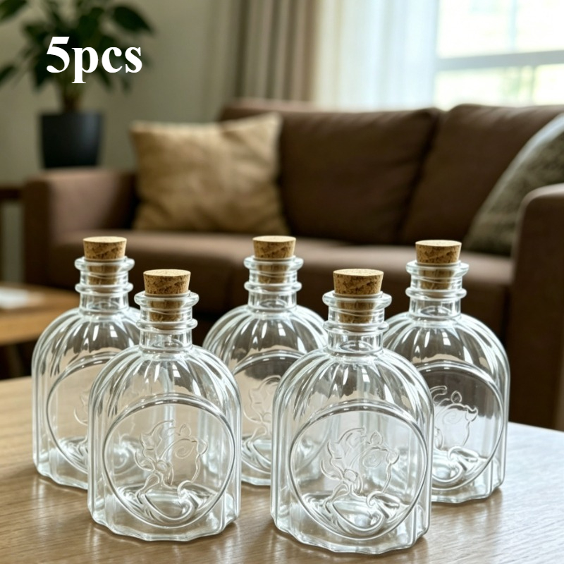 TEMU 5pcs Transparent Plastic Reed Diffuser Bottles With Wooden Cork Stoppers - Vintage Embossed Fleur Suitable For Diy Reed Diffusers, Essential