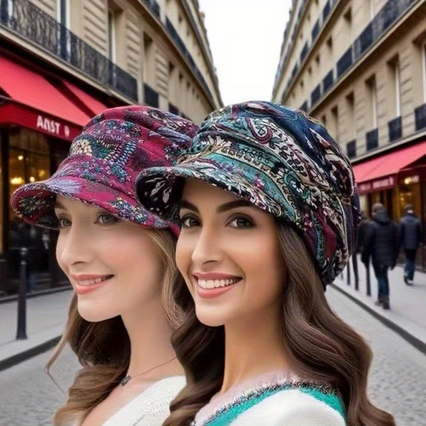 Image of 2pcs Short Brimmed Fashionable Duckbill Cap Women's Floral Fleece Warm Hat, Soft Brim, Lightweight Fit, Bohemian , Hand Washable , Suitable For Autumn And Winter