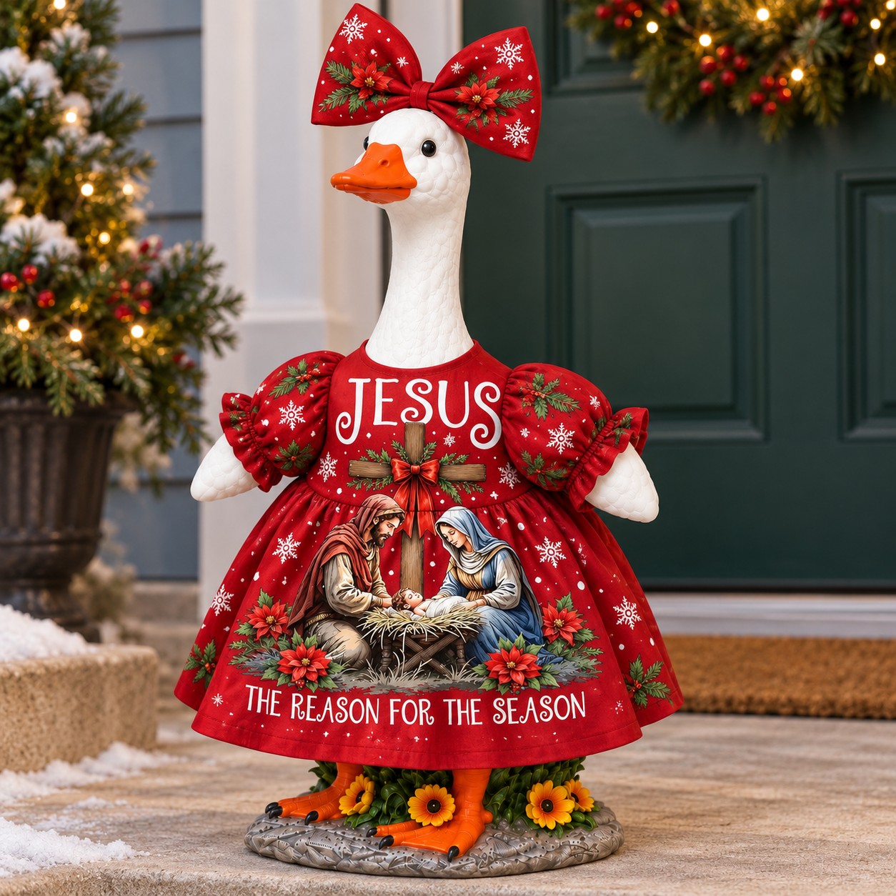 TEMU Nativity Cross Poinsettia 2d Flat Print, 2pcs Puff Sleeve Dress And Bow Headpiece Set, Porch Goose Outfit Fits 23-inch Porch Goose Statue,