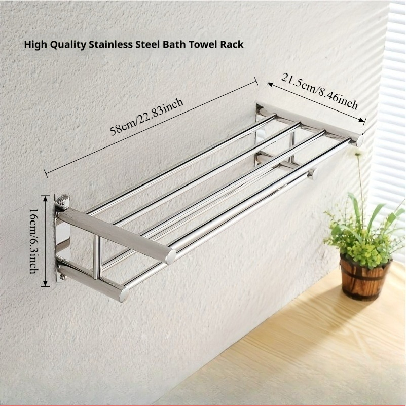 Image of No-punch Stainless Steel Towel Rack With Hooks, Double-layer Wall-mounted Towel Bar Bathroom Storage Organizer For Hotel Home, Towel Racks