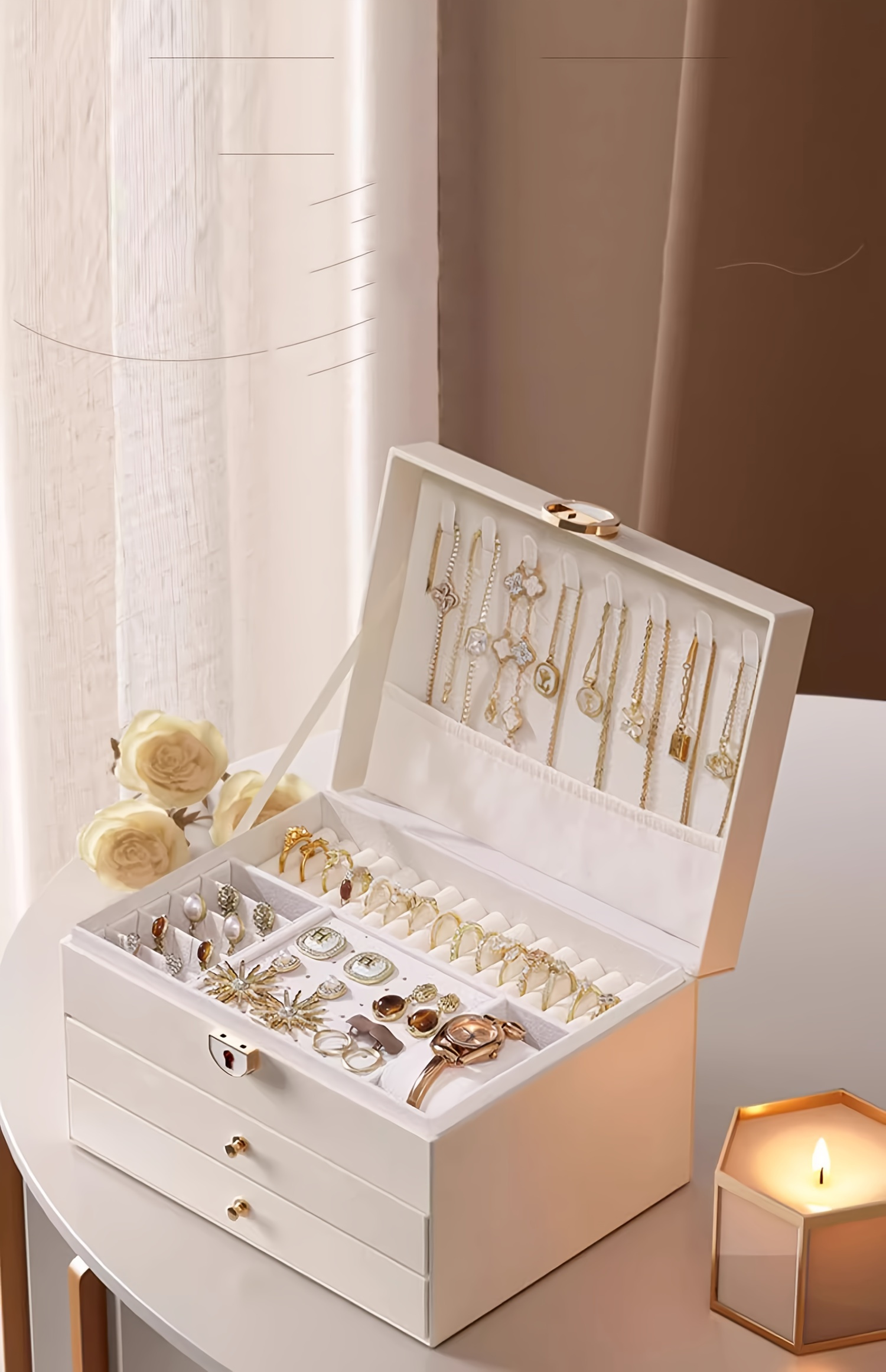 Estuche de Almacenamiento para Joyas de Cuero Sintético con Estilo, Caja de Joyería con Tres Cajones, Elegante Caja de Exhibición para Escritorio, Múltiples Compartimentos para Collares, Pendientes, Anillos y Pulseras, Cierre de Botón, Forro de Tela