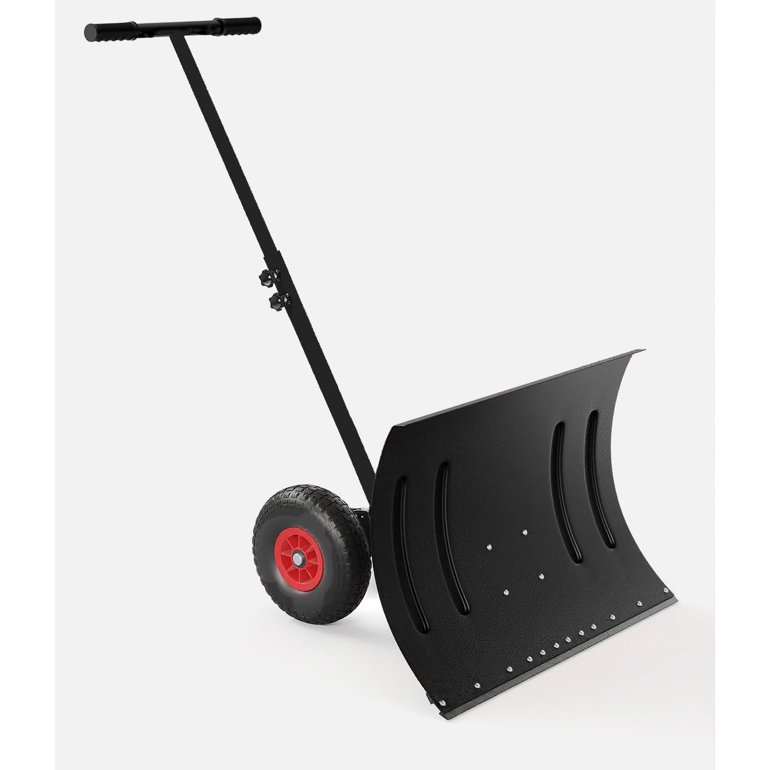 Adjustable Height Snow Plow Shovel With Wheels And A Padded Handle, Designed For Effective On Driveways Or Pavements