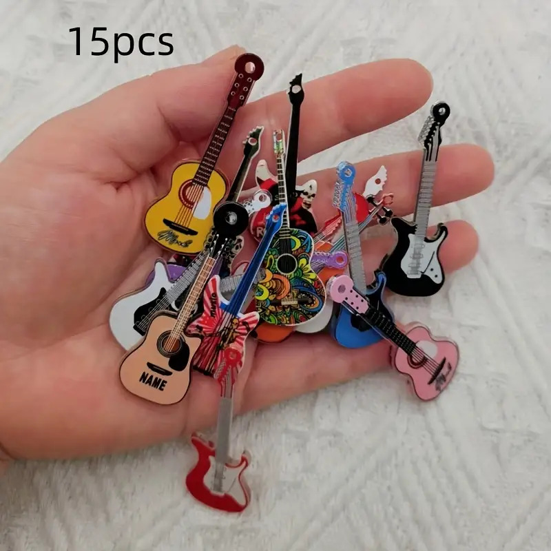 TEMU 2d Flat, 15pcs Assorted Guitar, Violin And Ukulele Acrylic Charms, For Earrings And Keychains, Jewelry Making Beads And Additions, Charm