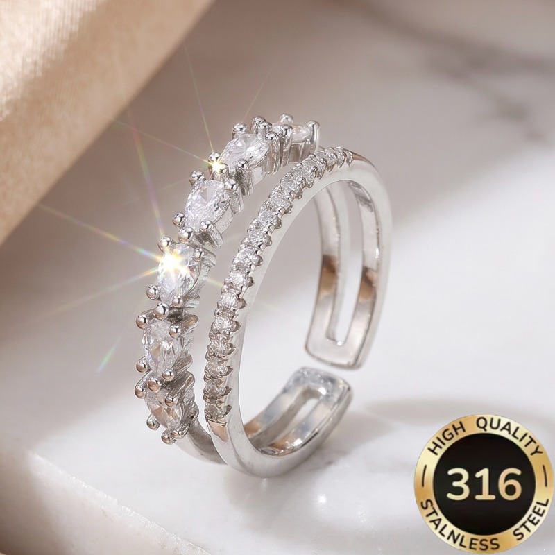TEMU 1pc High Quality Open Adjustable Steel Hypoallergenic Light Luxury Elegant Starry Water Drop Shape Round Synthetic Zirconia Double Layer Ring
