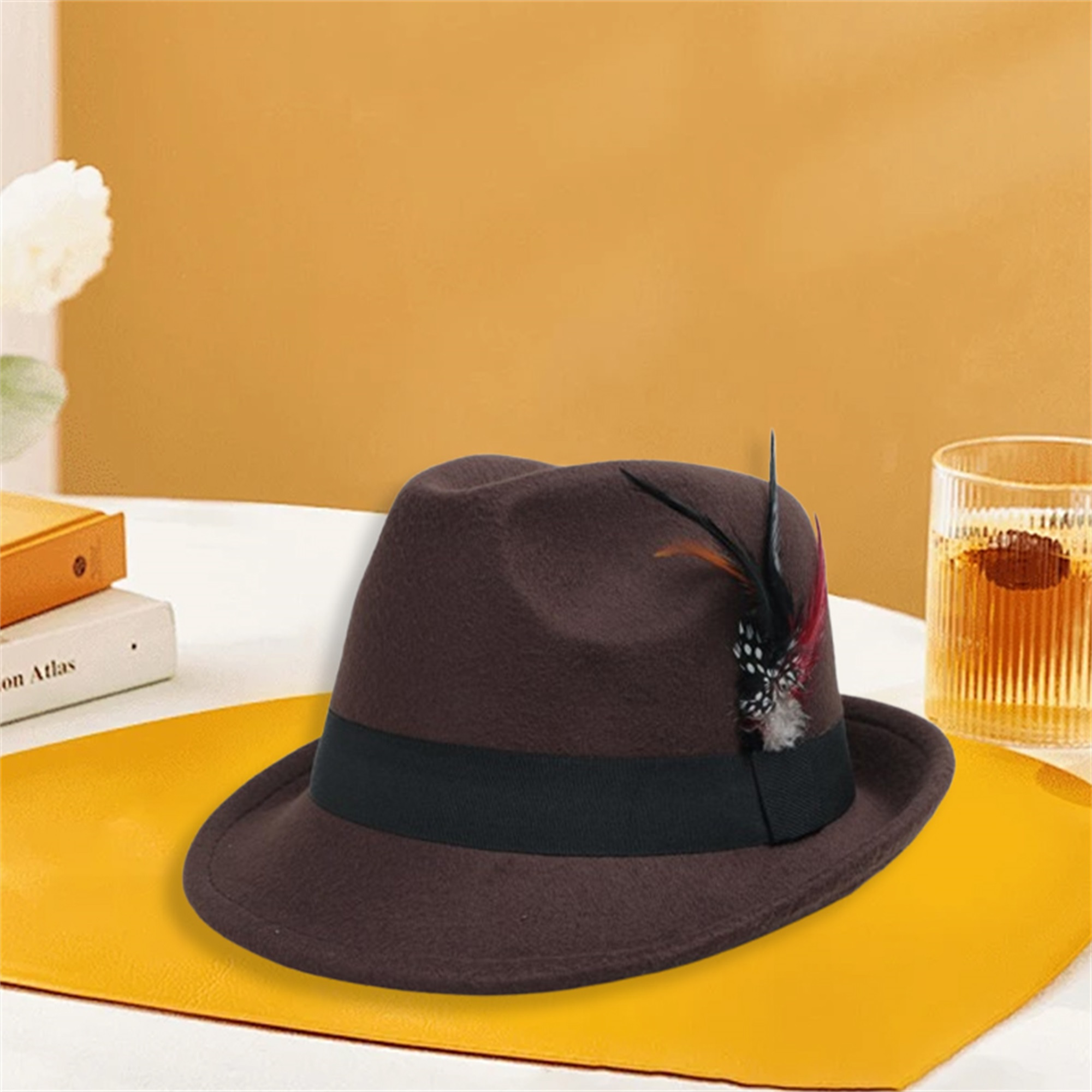 vintage feather fedora hat elegant black felt jazz cap - Temu display picture 1