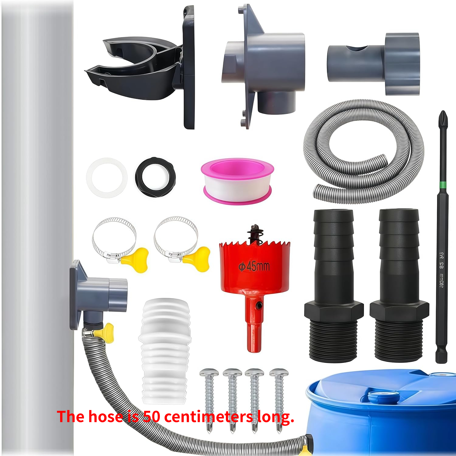 Image of Rainwater Collector Downpipe 70-110mm With 0.5m/1m Hose, Rain Collector Connector Set With Mounting Accessories, Rain Connection, Rainwater Collector Downpipe For Roofs Up To 80 Square Meters