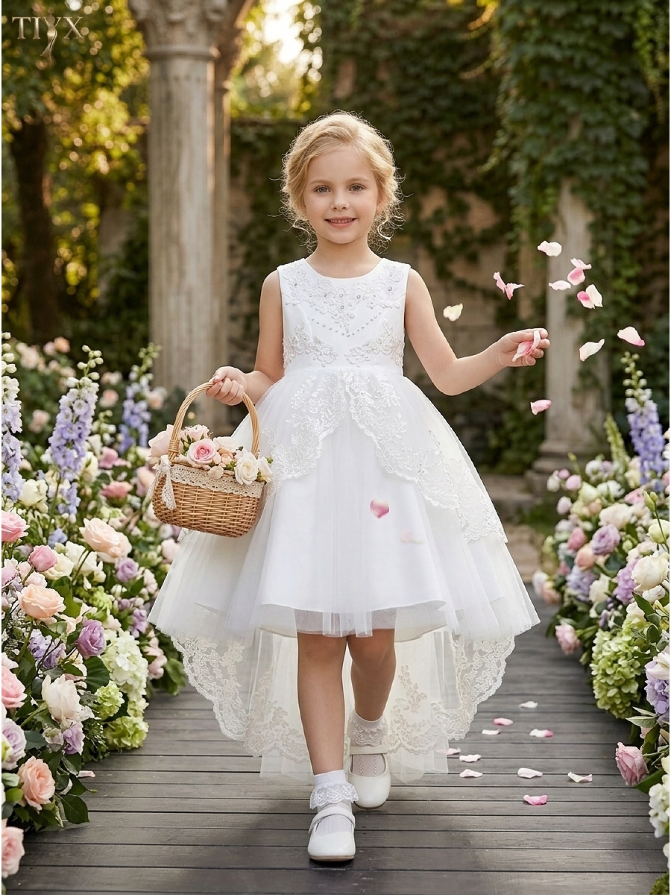 knee length dresses for ladies V Back Long Lace and Tulle White Flower Girl Dress with Bow – FancyVestido