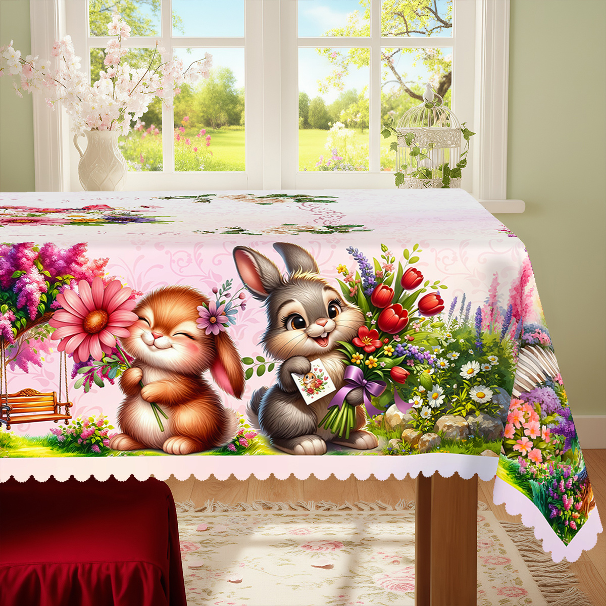 TEMU 1pc Elegant Easter Party Tablecloth, Durable Tablecloth, Spring-summer Rabbit Tulip Garden Floral Print Design, Rectangular/square Tablecloth,