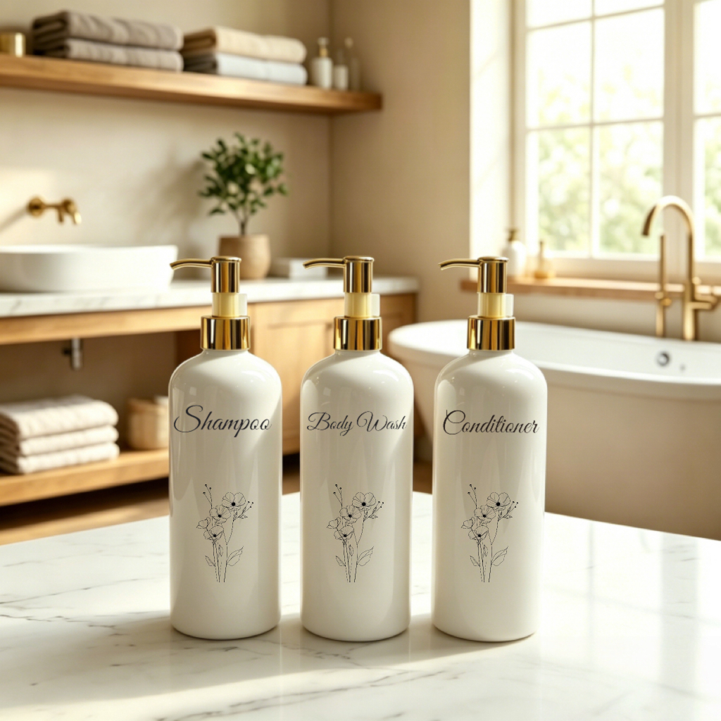 TEMU Dispensador de champú y acondicionador de hombros redondos y de cuerpo , estilo 2026, botellas de plástico recargables con bomba para champú con