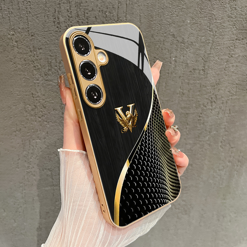 TEMU Phone Case: Premium Golden Eagle Letter V Pattern Glass Phone Case, Suitable For Galaxy