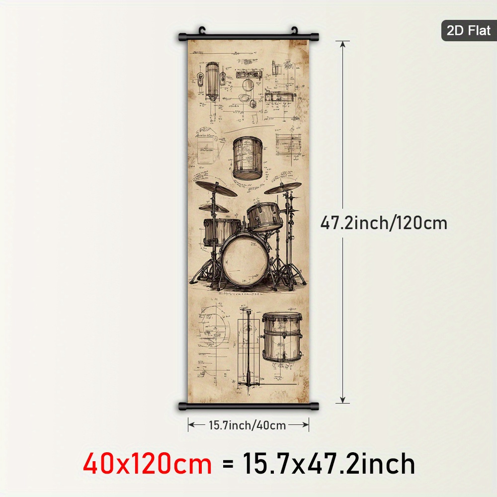 TEMU 2d Flat, 2d Flat, 1pc Framed Artistic Wall Art Featuring A Retro Canvas Poster Of A Drum Set, Designed For Modern Decor. This Vintage Blueprint