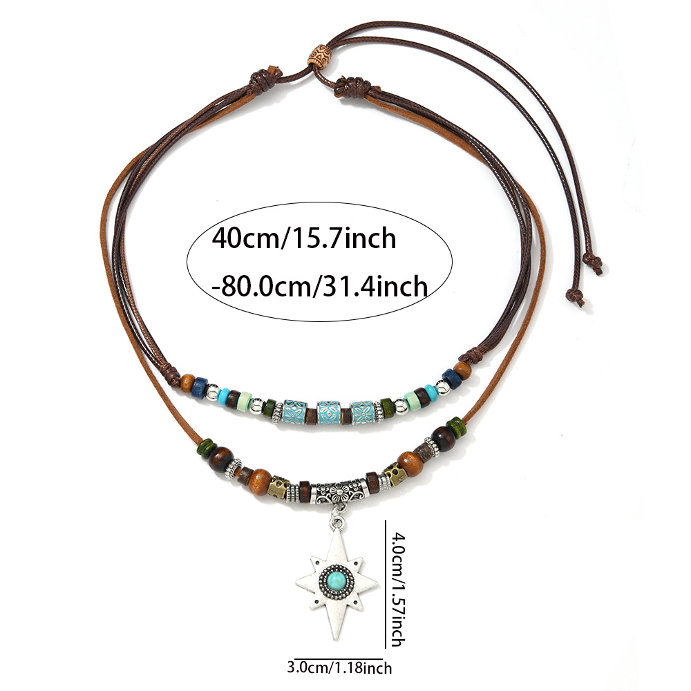 TEMU Ethnic-style Multi-layered Beaded Star-shaped Pendant Necklace - Unisex, Adjustable, And Perfect As A Gift For Your Boyfriend