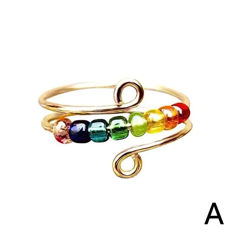 elegant boho stainless steel anxiety rings for women anti stress fidget spinner rings with rainbow beads rotates adjustable stacking jewelry for daily gift occasions christmas bohemian style best for christmas Product details 5