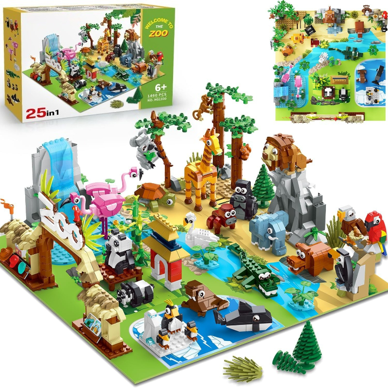 25 Animals Zoo Building Set With Play Mat - 8pcs Zoo Scene Modules Blocks Toy For Easter Valentines Day Party Favors Classroom Prizes Fillers Birthday Gifts (1460pcs)