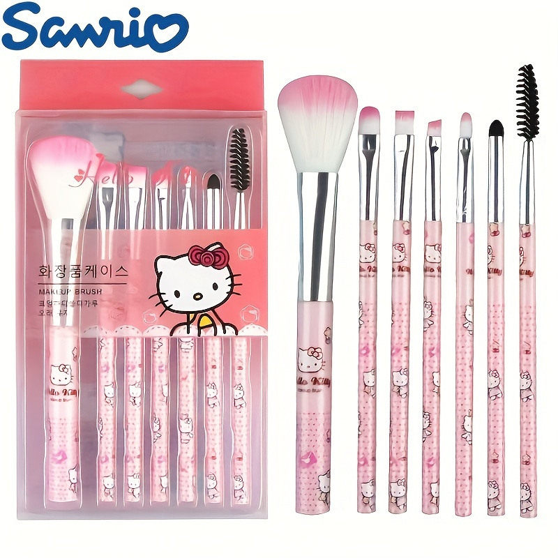 Hello Kitty 7pcs Makeup Brush Set- Cute Pink, Hypoallergenic Synthetic Bristles For Blush, Eyebrows, Lips And Eyeshadow, With Storage Case- Perfect Gift