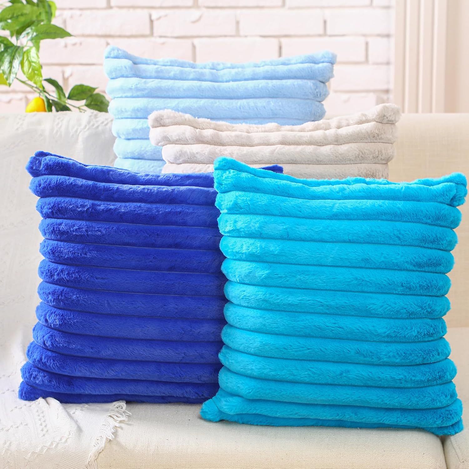 

4 Pack Decorative Throw Pillow Covers 18 X 18 Inch Soft Plush Rabbit Fur Cover Striped Decorative Throw Pillow Covers Square Couch Pillow For Sofa Living Room Home Decor(blue)