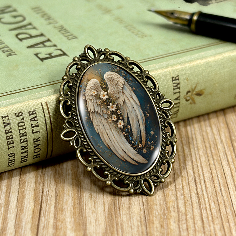 TEMU 1 pièce Broche vintage ovale en verre à bordure de dentelle avec plume et fleur sur , accessoire pour vêtements et sac à dos, cadeau idéal