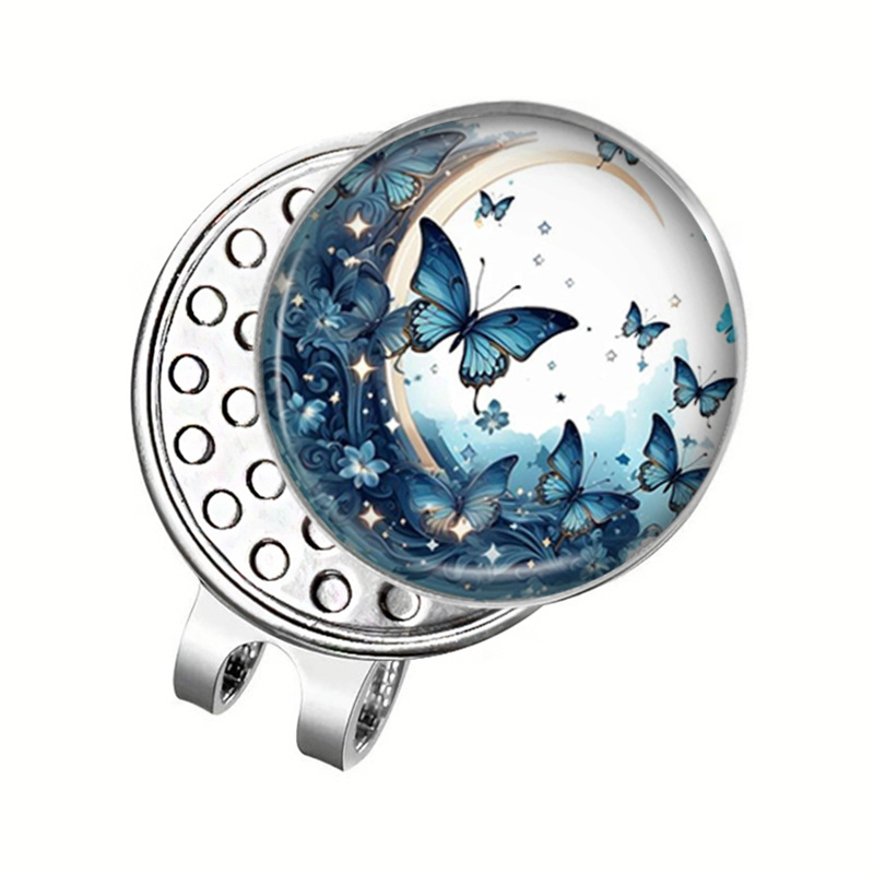 TEMU 1pc Blue Butterflies And Crescent Round Glass Dome Hat Clip Golf Ball Cap Clip