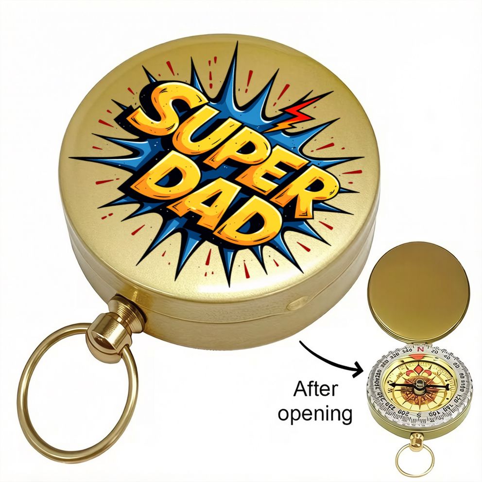 Vintage Style Brass Compass with Super Dad Print