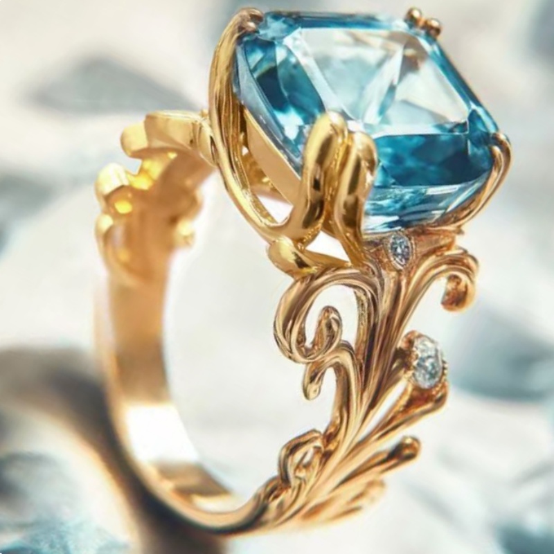 Women's Retro Vine Engagement Ring with Square Sea Blue Stone