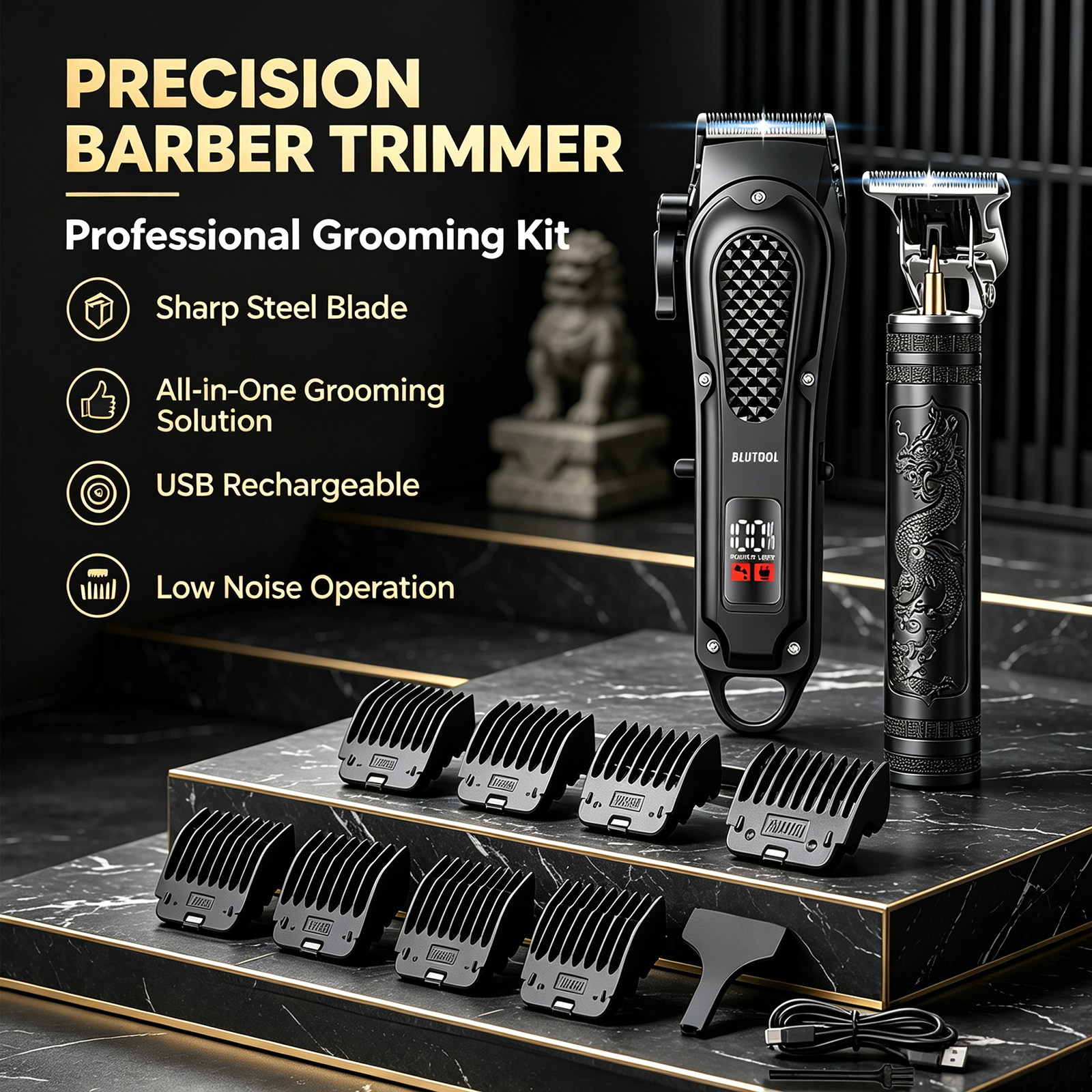 TEMU 2/4pcs Men's Hair Clipper Grooming Kit With Guide Combs, Rechargeable Led Display Barber Trimmer Shaver Set, Ideal Holiday Present For Daily And