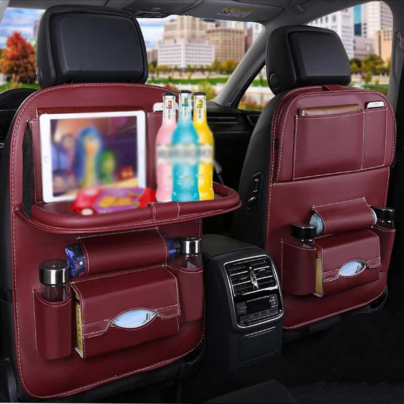 

2pcs Premium Pu Leather Car Back Seat Organizer With Folding Table, Footrest, Box, Cup Holder & Umbrella Stand - Companion