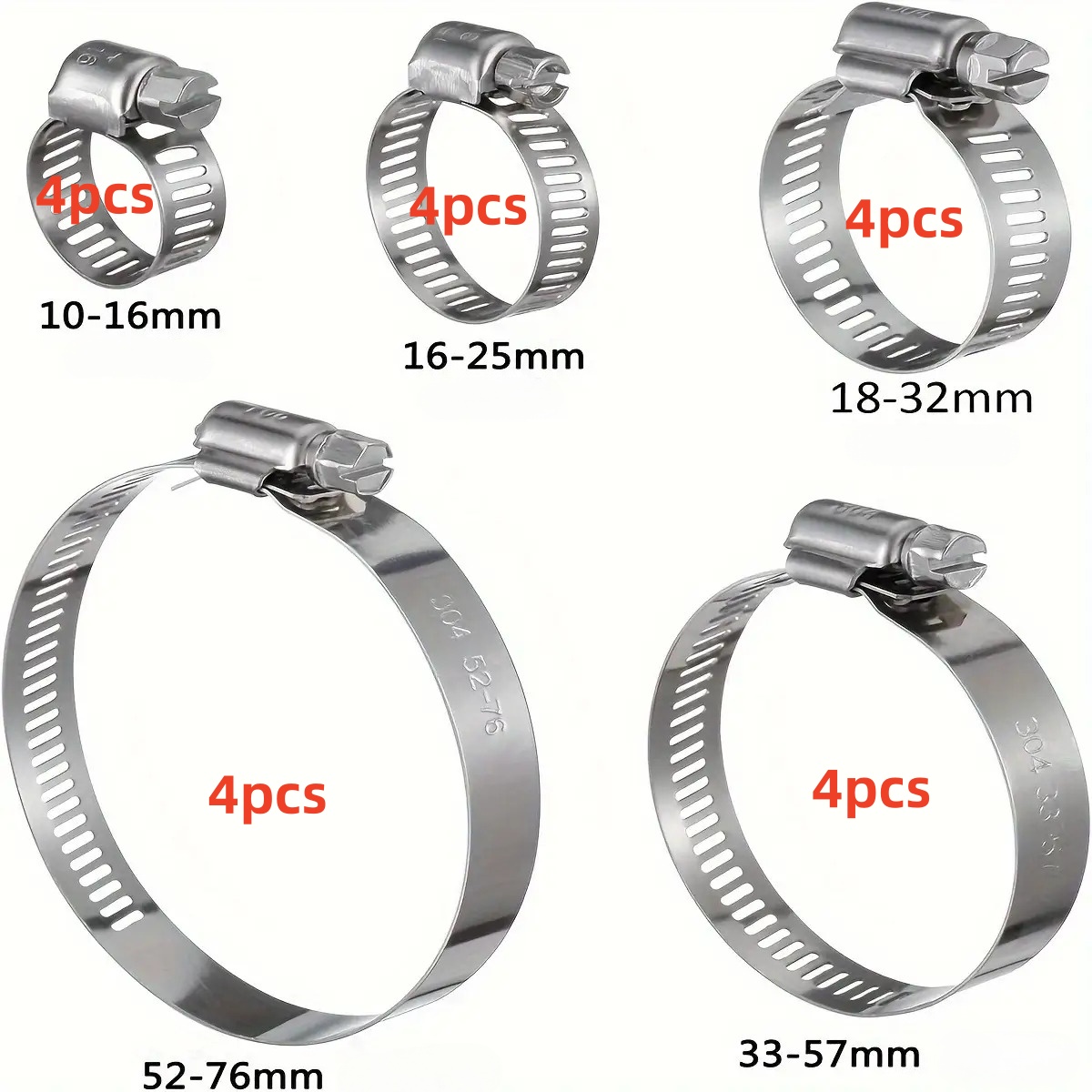 TEMU 20pcs Hose Clamp Combo Set Adjustable Screw Gear Spiral Clamps - Grade 304, Suitable For 10 Water Hose Types In Automotive Fuel Lines And Piping