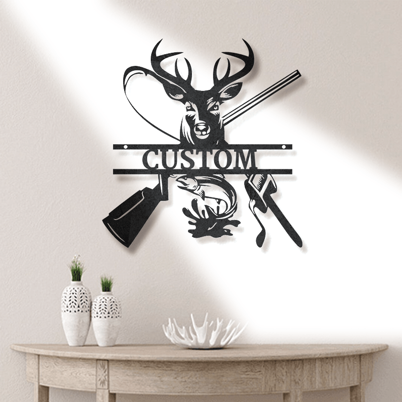 Customizable Classic Iron Wall Art Sign, Vintage Deer & Fish Design, Durable Metal Hanging Decor, Easy Install, with Personalized Text for Cabin, Lodge, Home