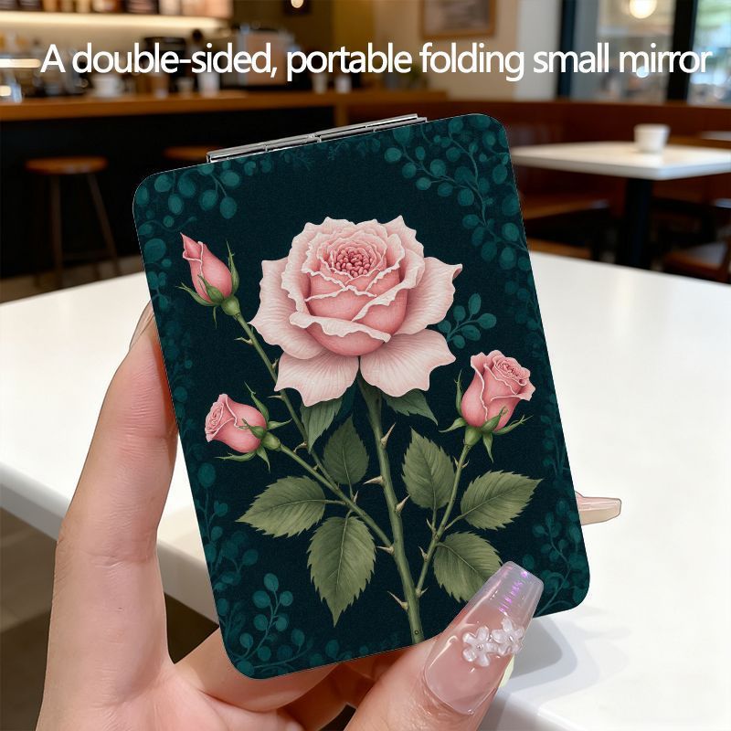 TEMU Rechteckiger Kompaktspiegel - Ein doppelseitiger, faltbarer Schminkspiegel, praktisch für Reisen mit einem stilvollen Blumendesign, ideal für