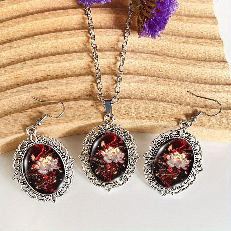 TEMU 3pcs Fashionable Poinsettia Pattern Men's Earrings And Necklace Set With Glass Jewelry Accessories