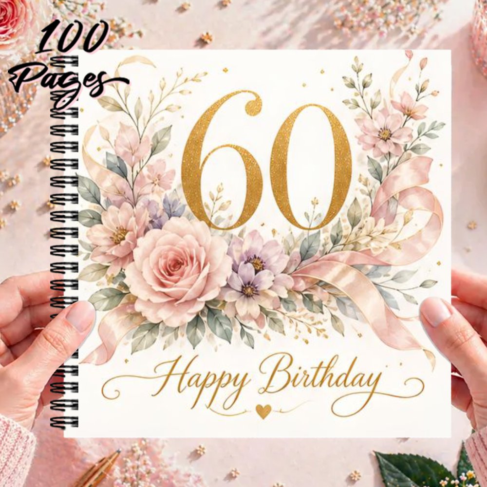 TEMU Carnet à spirale d'anniversaire 1 pièce 20x20cm, 'or pour 60e anniversaire, 'or d' pour fête de 60e anniversaire à motif aquarelle et doré,