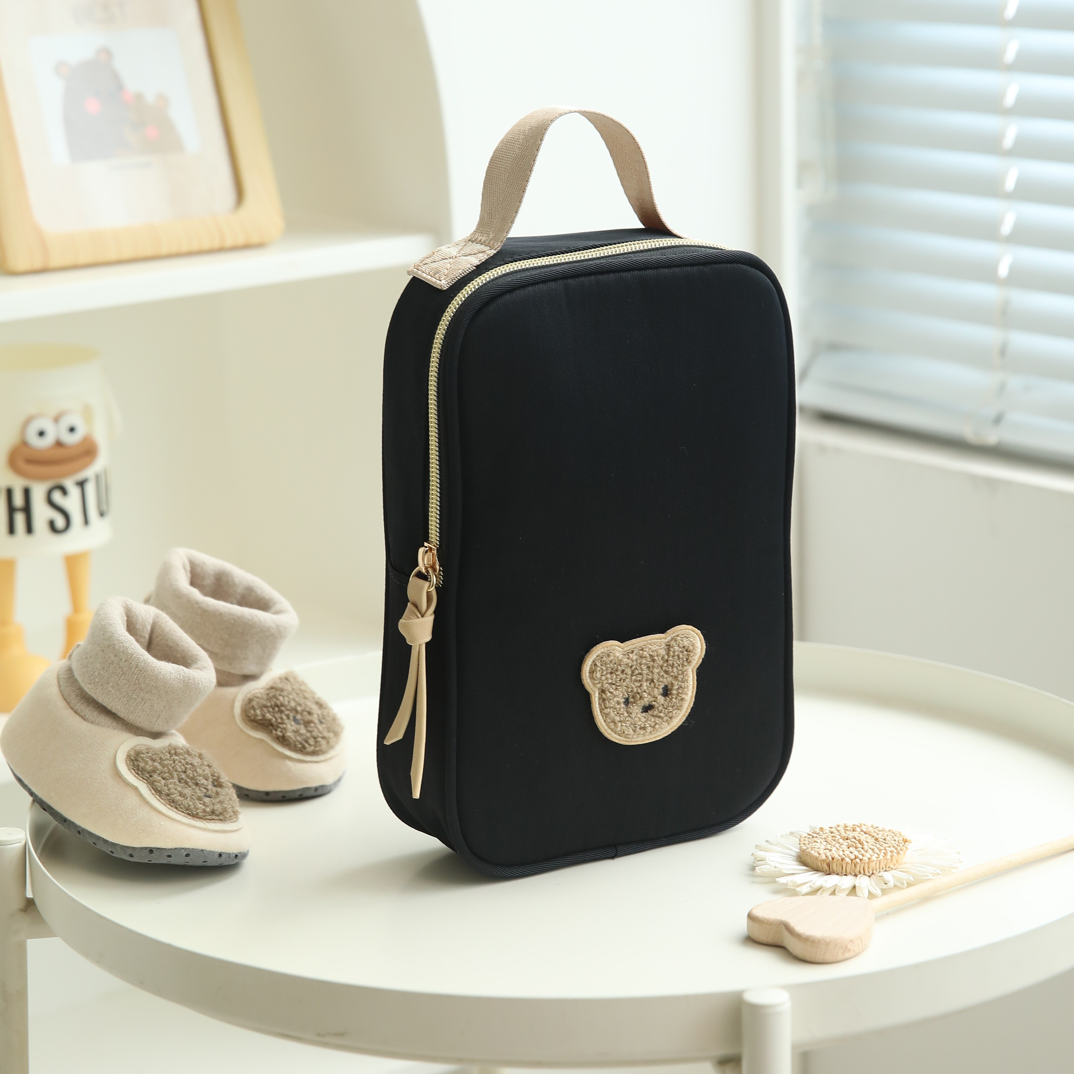 TEMU Mini Mom Bag, Cute Bear Embroidered Wipes Storage Bag, Hanging Stroller Portable Diaper Bag, With Handle