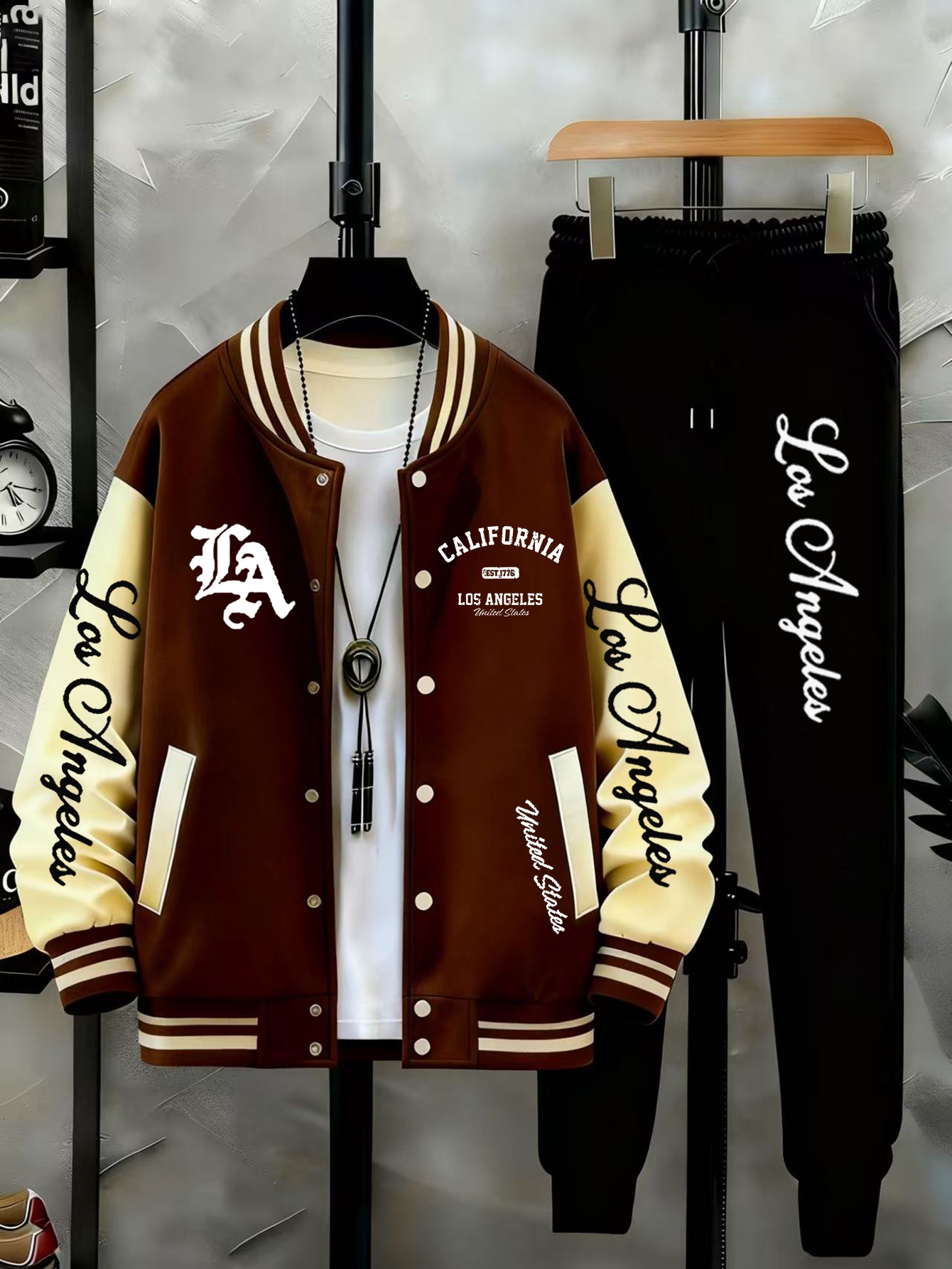 A Stylish Two-Piece Set for Men Featuring a Baseball Jacket with LA Lettering Print, Capturing The Trendy Essence of Los Angeles, Paired with Casual Fashionable Long Pants. - Image 6