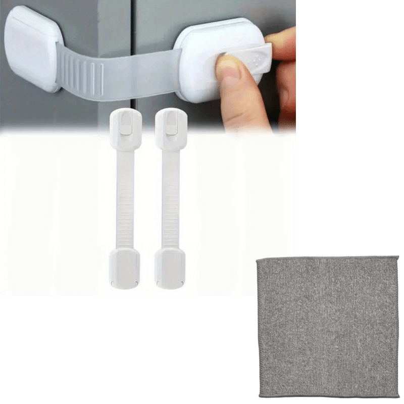 TEMU 3pcs Set: 2 Adjustable Plastic Safety Cabinet Door Latches + 1 Cleaning Cloth - Multi-functional Drawer Safety Latch Straps - Door Lock Baffle