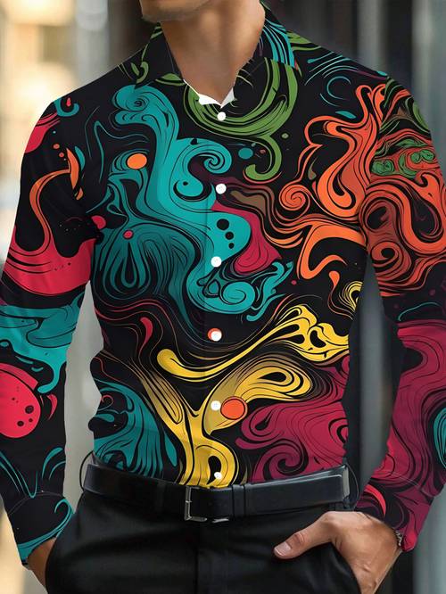 item picture shirt features a covered with colorful fluid abstract patterns