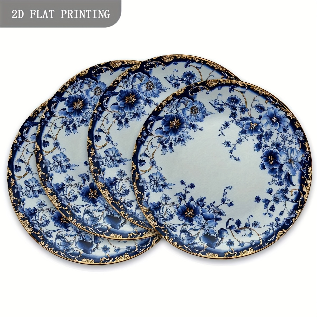 4pcs Elegant Blue Floral & Round Placemats - Porcelain Table Mats Suitable For Dining, Weddings, Banquets - Heat-resistant Washable Tableware (hand Wash Only) 15" Round