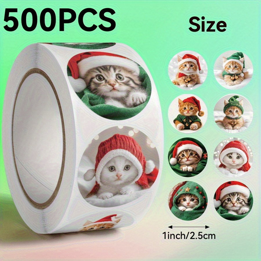 TEMU 500pcs/roll, Christmas-themed Cat Pattern Round Sealing Stickers, Christmas, Size 2.5 Cm / 1.0 Inch, Cute Kitten Wearing Santa Hat Or Green