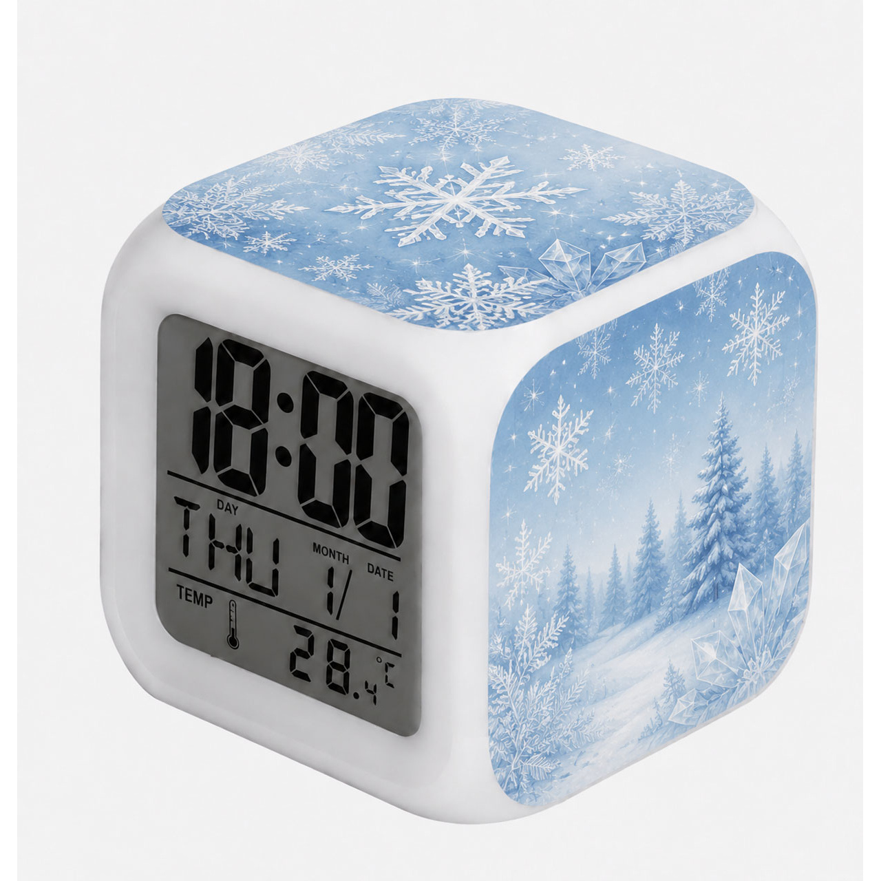 TEMU 7- Alarm Clock, With 3pcs Snowflake Decorative Stickers, Soft Mood Light And Indoor Temperature Display; Large Display Time, Date And Day Of The