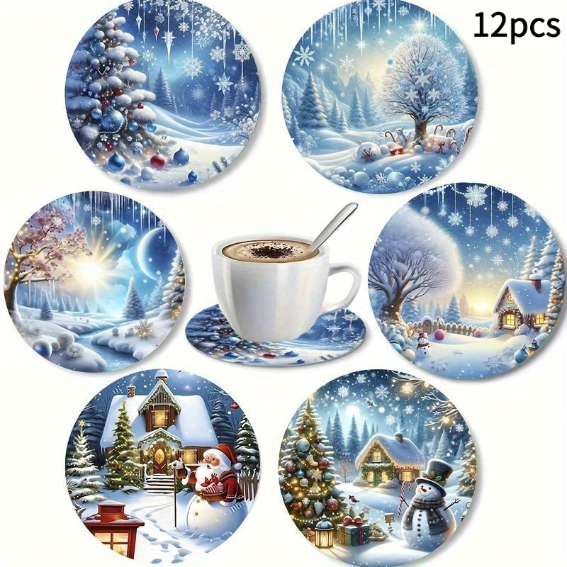 Image of Set Of 12 Festive Wooden Coasters For Christmas - Heat-resistant And Non-slip Table Mats, Featuring A Snowy Scene Design, Perfect For Holiday Decor, Themed Parties, And Gifting, Christmas Decorations