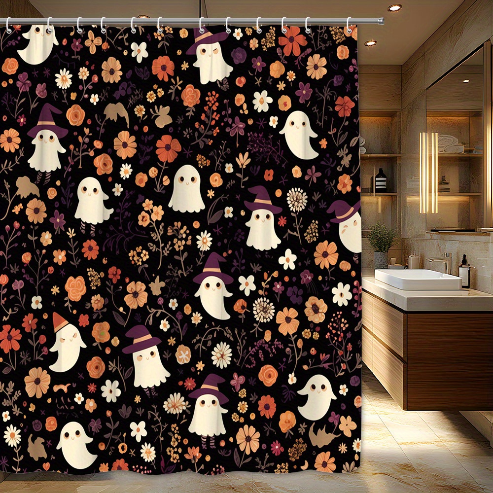 TEMU 1pc Halloween Shower Curtain - Spooky Cute With Floral - Extra Long Bathroom Decor - Machine Washable Polyester Fabric Bath Curtain With Hooks -