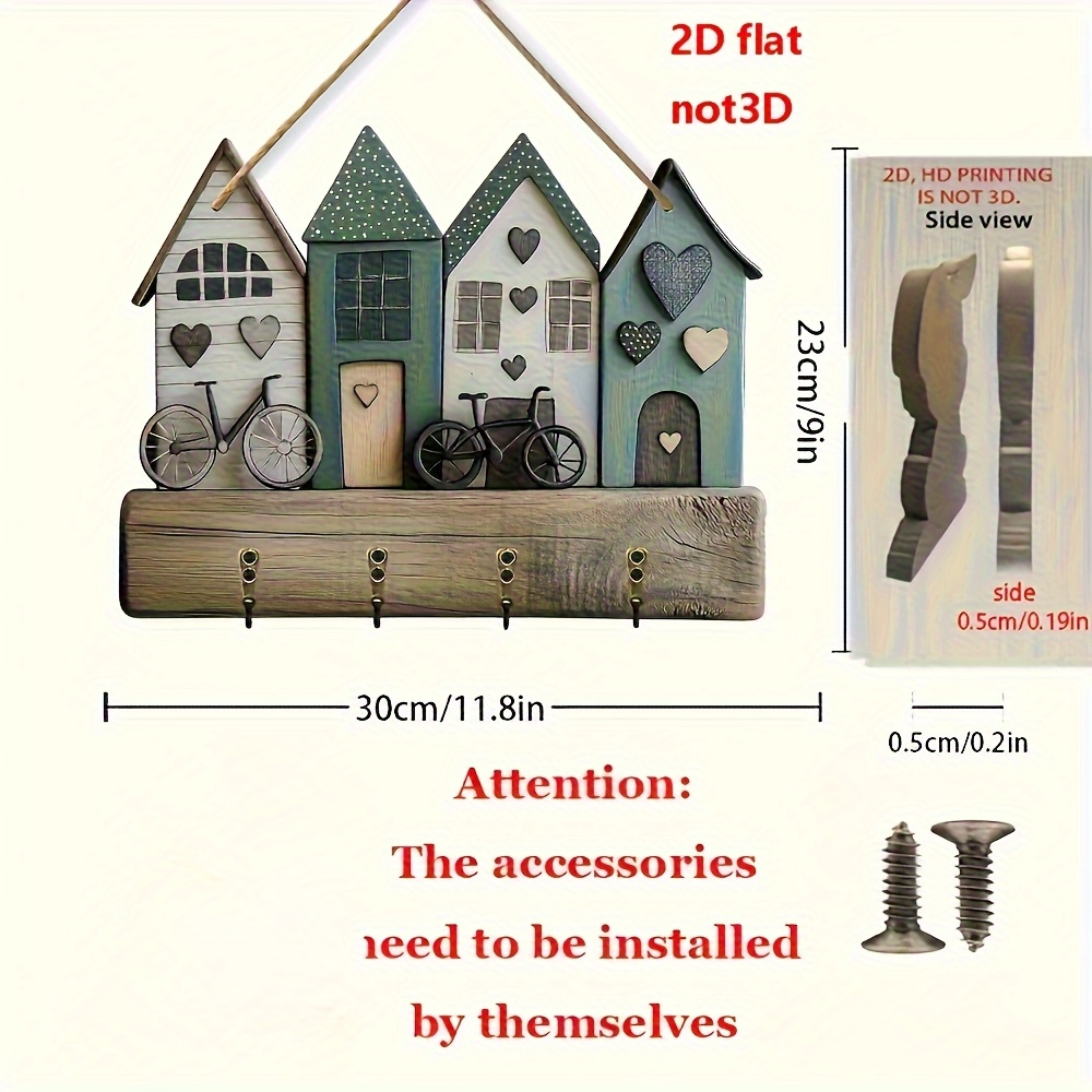 E-shop 2D Fläche, ., Kreatives Schlüsselbrett für Cabine und Fahrrad zur Wandmontage, Einfaches farbiges Schlüsselbrett aus Holz mit vier Metallhaken,