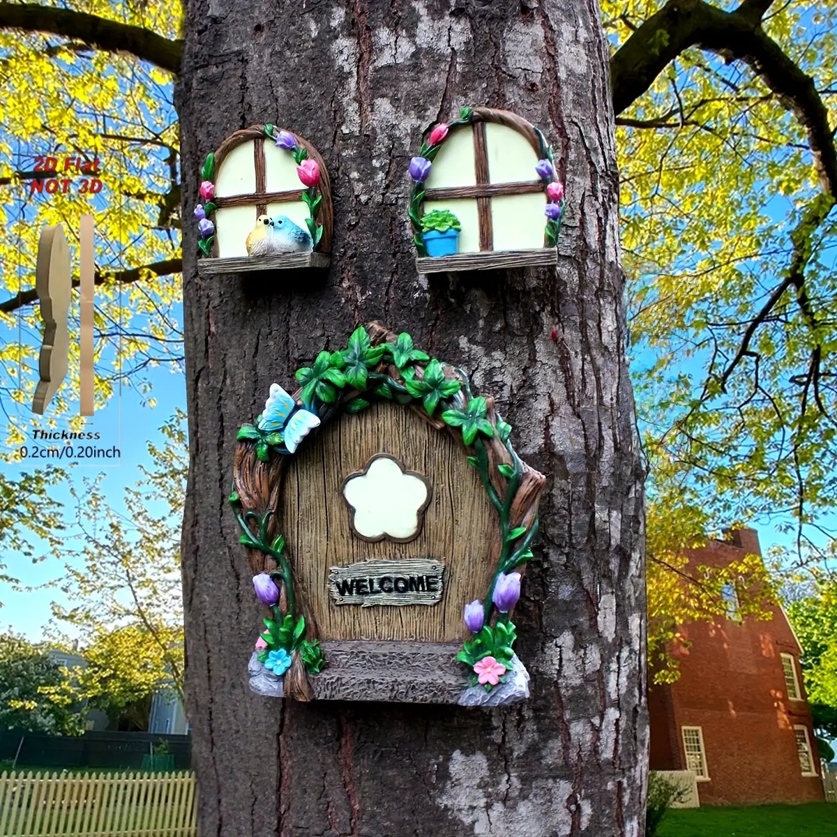 TEMU 2d Flat, 3pcs Wood Tree Elf Door & Window Wall-mounted Cottage Doors - Mini Fairy Garden Decor With Irregular-shaped Panels, Suitable For