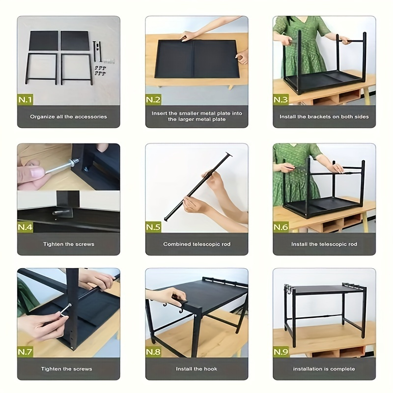 Microwave Oven Rack, Expandable Microwave Oven Rack for Countertop Kitchen Utensil and Tableware Storage, with 6 Hooks, Carbon Steel Microwave Oven Shelf Countertop with Hooks - Mother's Day Gift for Wife - Kitchen Storage 3 Microwave Oven Rack, Expandable Microwave Oven Rack for Countertop Kitchen Utensil and Tableware Storage, with 6 Hooks, Carbon Steel Microwave Oven Shelf Countertop with Hooks - Mother's Day Gift for Wife - Kitchen Storage - Image 3