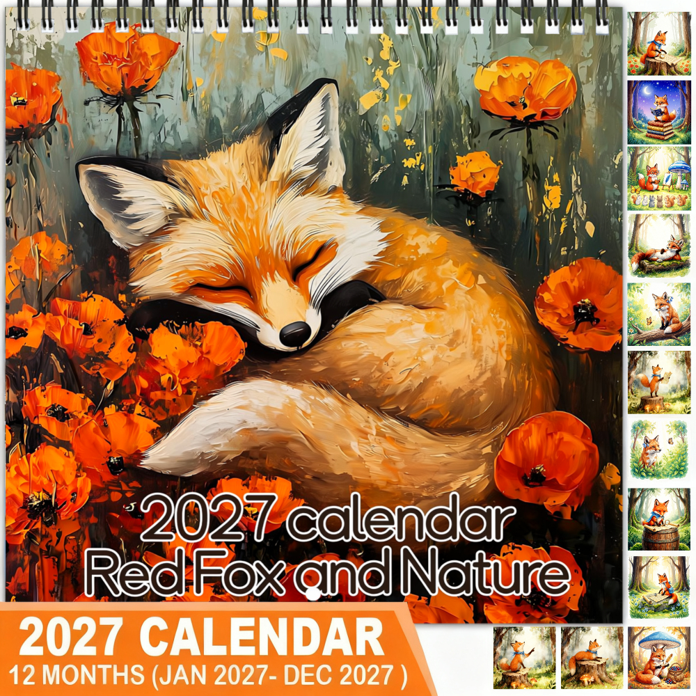 TEMU 1pc 2027 Planner Wall Calendar With Sleeping & Orange Poppies Spiral Binding - Thickened Coated Paper Suitable For Home Office, Christmas Gifts,