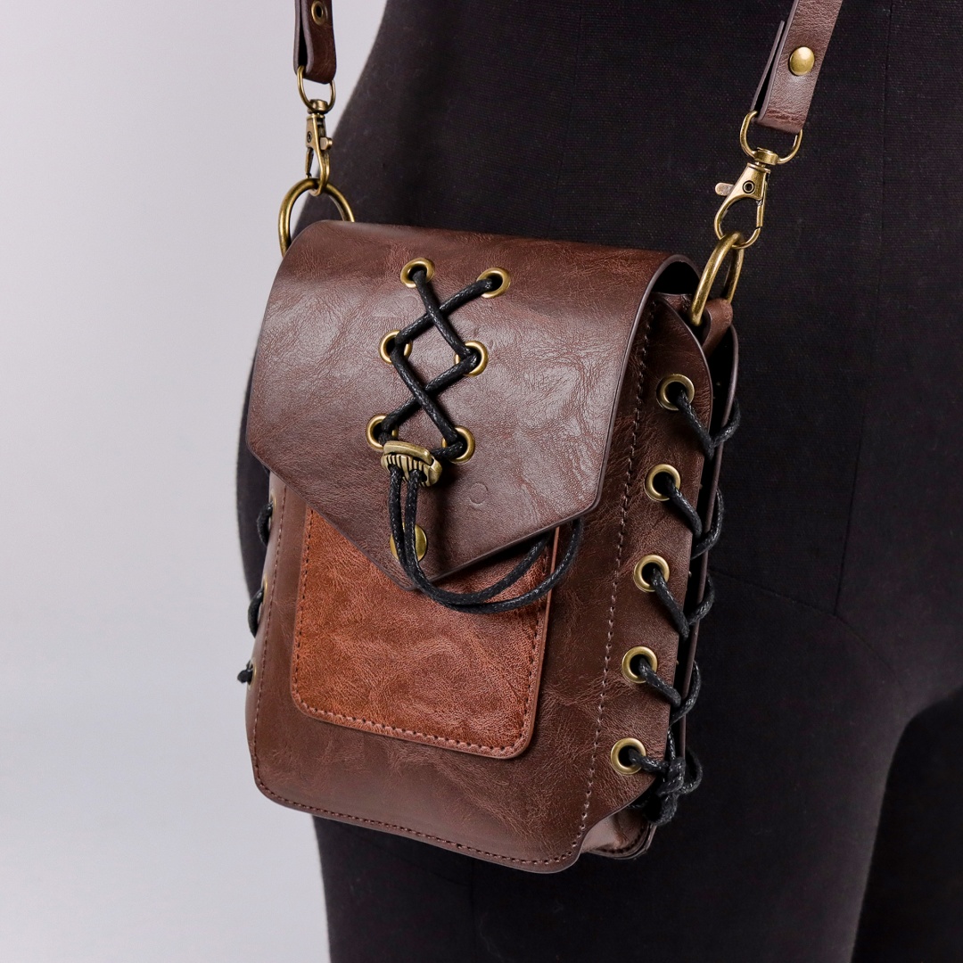 TEMU Medieval Brown Faux Leather Waist Bag - Vintage Pouch With Decorative Border, Removable Shoulder Strap And Secure Closure, Ideal For ,