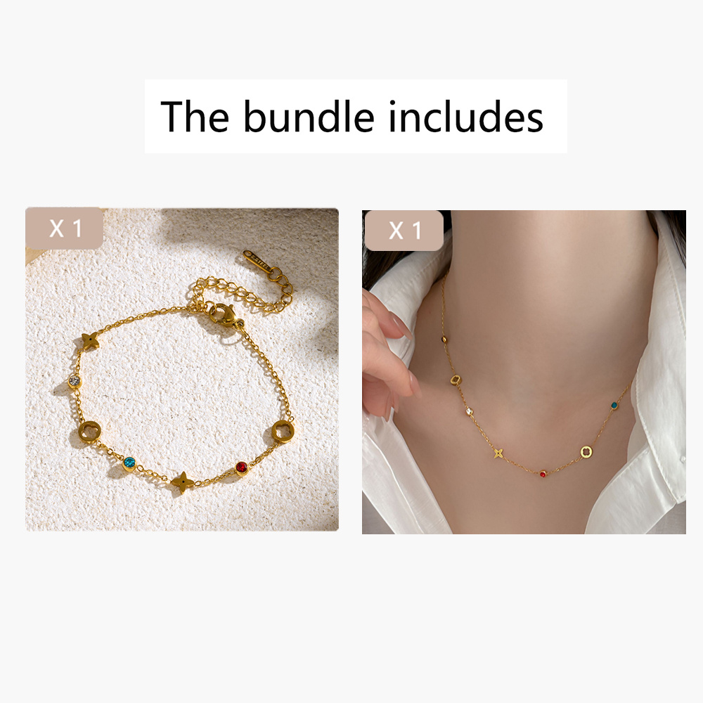 E-shop 2-teiliges VJS Damen Schmuckset aus Edelstahl in Blumenfarben – Minimalistisches Halskette & Armband Set, Zufällige Blumenanhänger für den ,