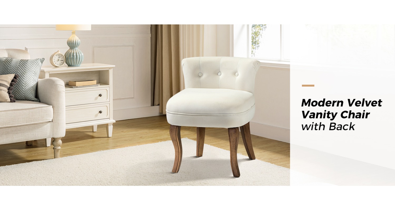 Navy Velvet Vanity Stool with Low Back - Modern Upholstered Makeup Chair with Solid Wood Legs, Assembly Compact Dressing Table Chair Suitable for Women & Girls, Bedroom, Living Room, Dressing Table - Stylish Chair