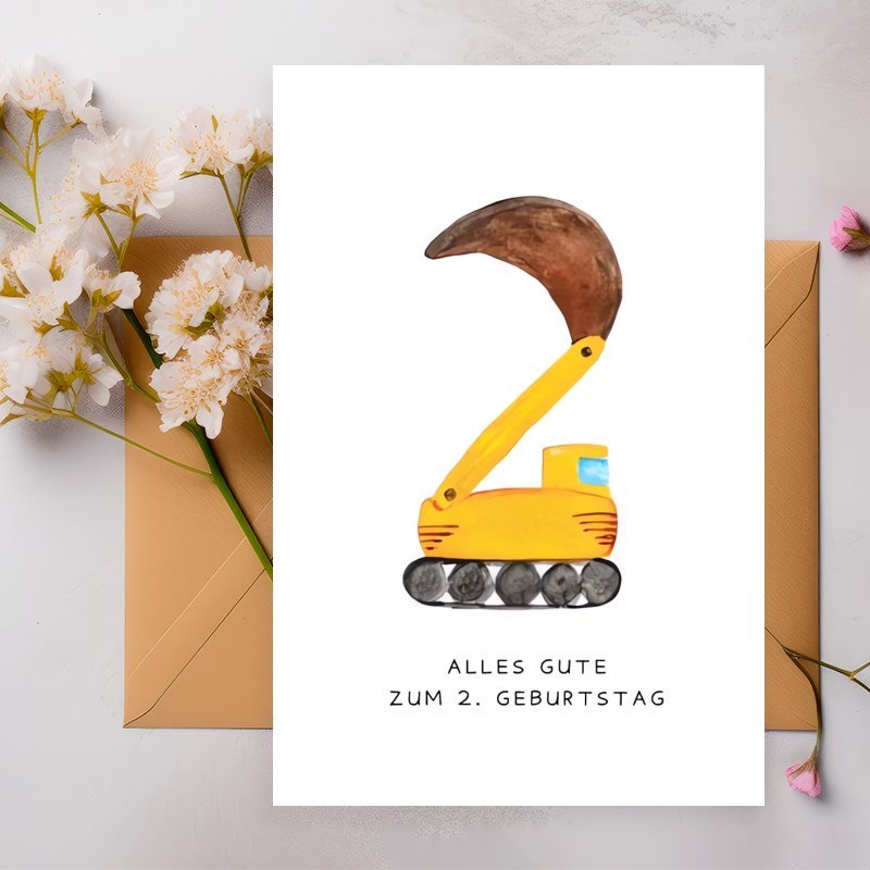 Image of 1pc Funny German Excavator 2nd Birthday Card, Perfect For Christmas Birthdays, Ideal Gift For , Brothers, Sisters, , Daughters, Grandsons, Granddaughters